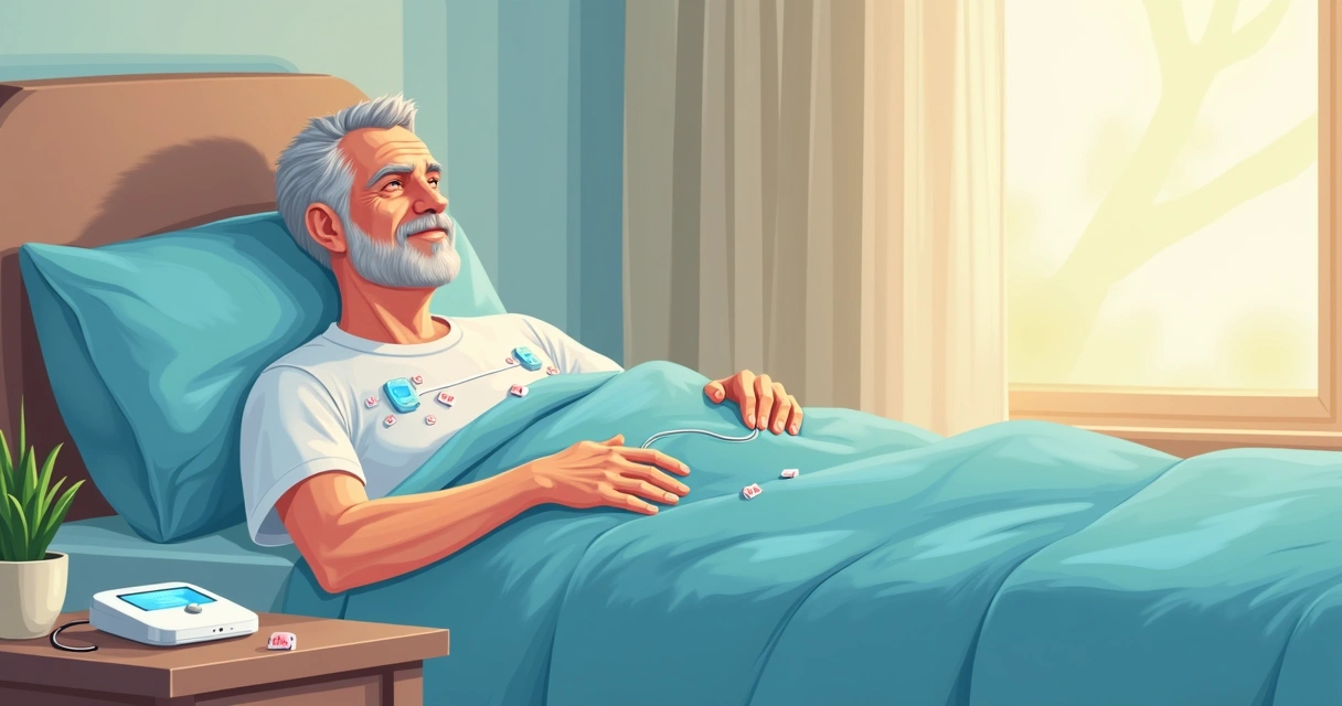 Homem dormindo com sensores de polissonografia ligados à cabeça e ao corpo 