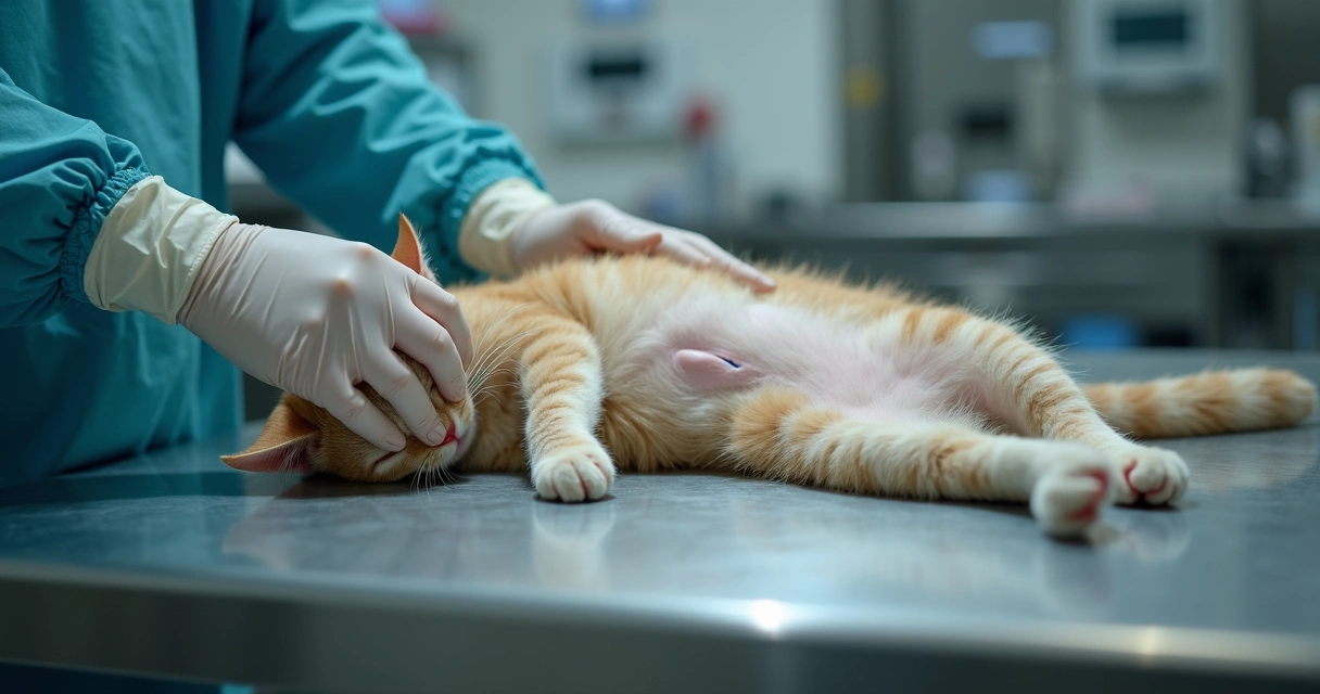 Veterinário examina ponto cirúrgico em gato em ambiente clínico