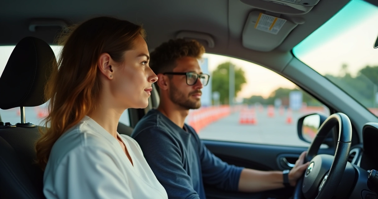 Instrutor observando candidato em carro popular durante teste prático