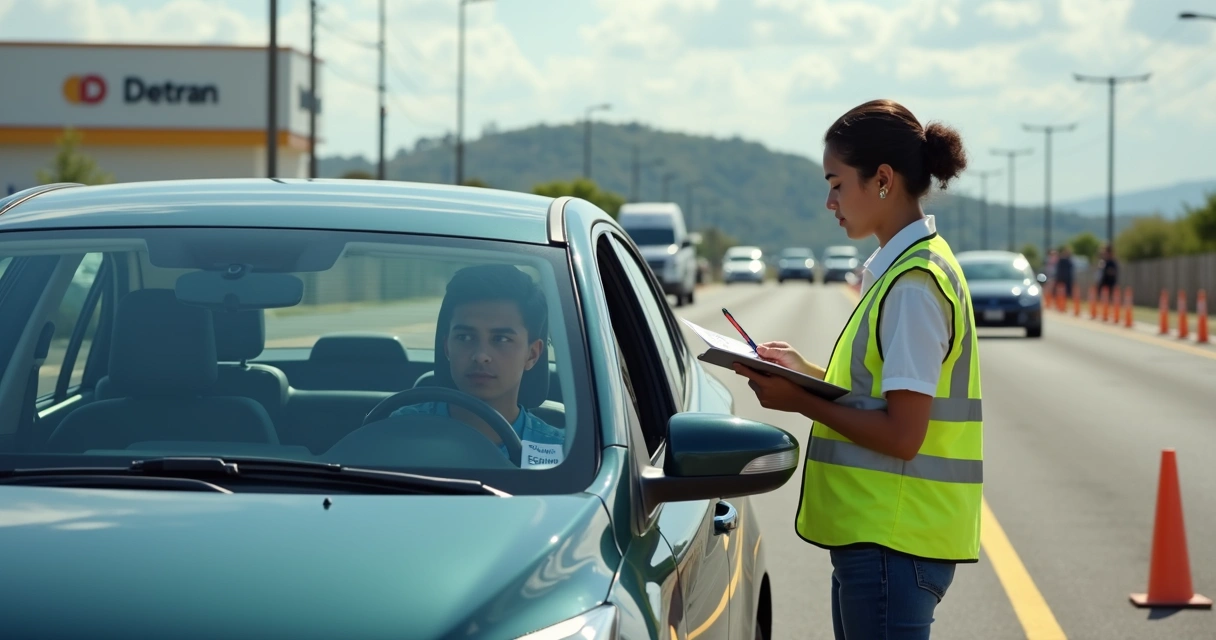 Instrutor acompanhando candidato em exame prático de direção com carro de terceiro 