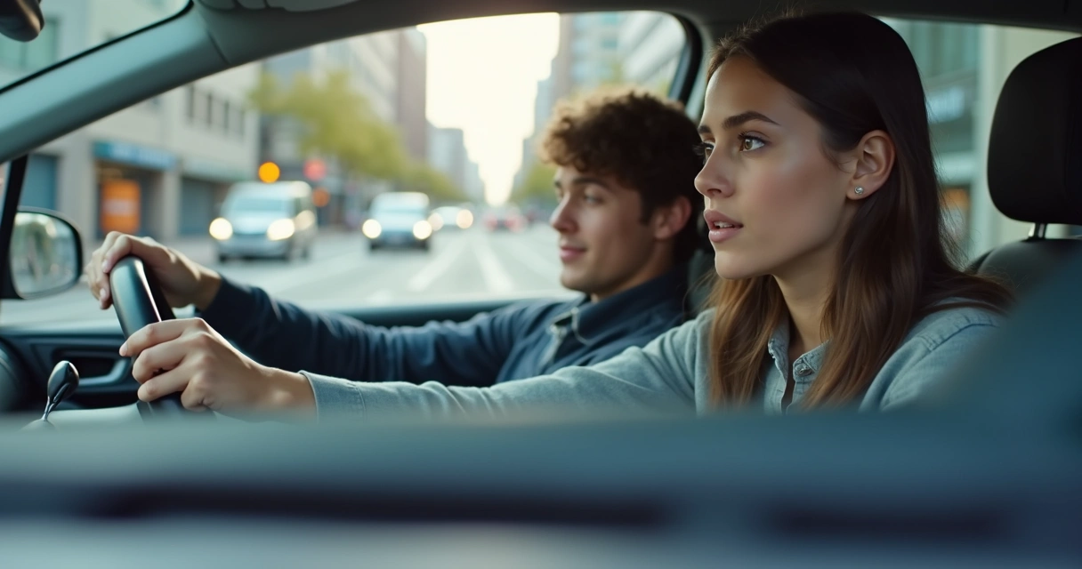 Pessoa fazendo exame prático de direção em rua. 
