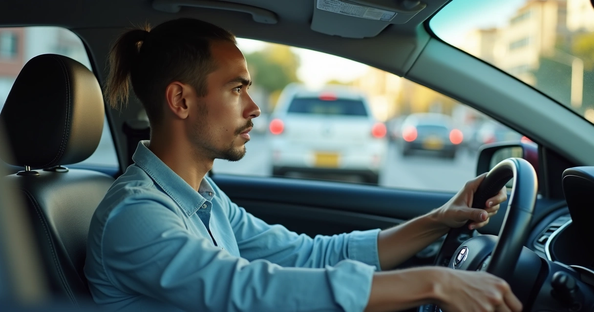 Pessoa dentro de carro realizando exame prático, instrutor do lado, rua sinalizada ao fundo, clima de concentração.