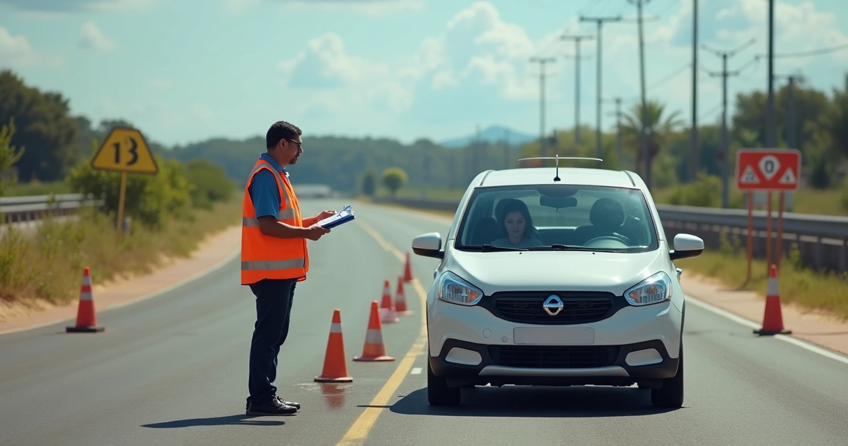 Avaliador do Detran anotando informações enquanto candidato faz exame prático de direção automotiva.