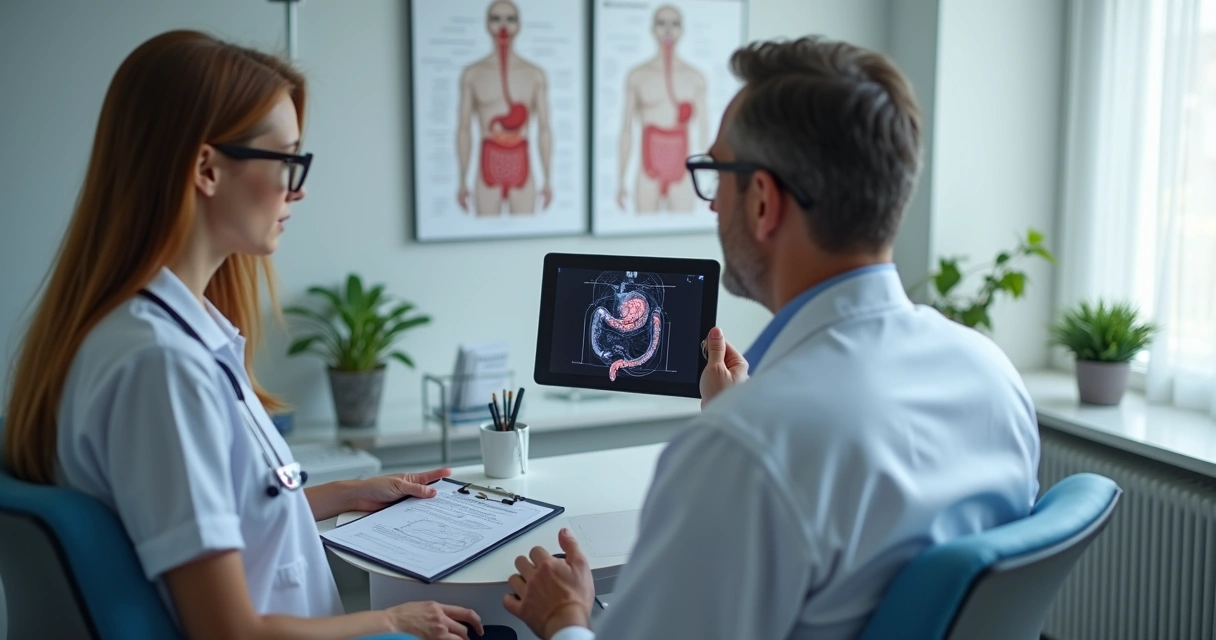 Profissional de saúde explicando resultados de exames de colonoscopia para paciente 