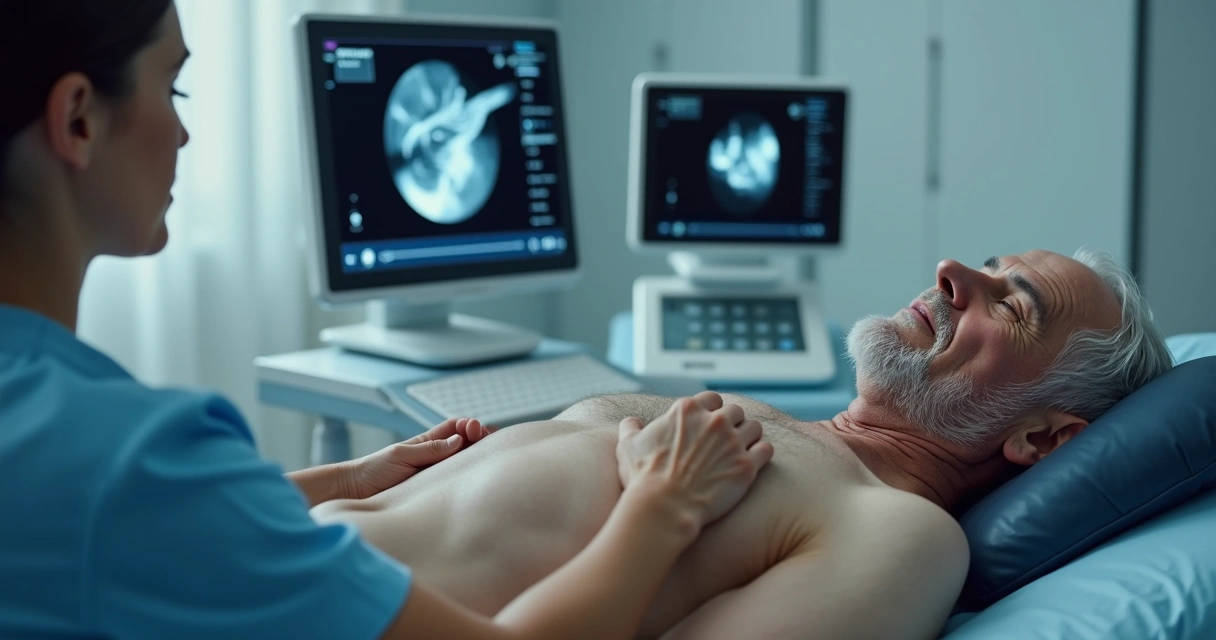 Exame de ultrassom sendo realizado em paciente para avaliar a próstata 