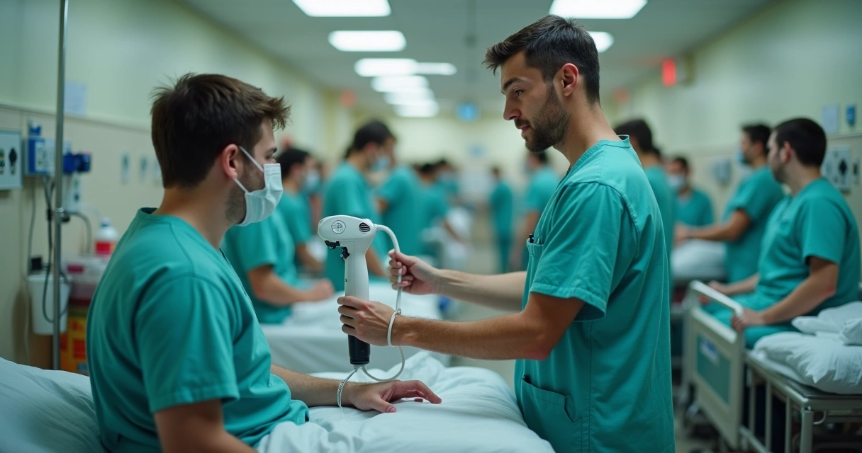 Profissional de saúde realizando exame com orquidômetro em ambiente hospitalar coletivo