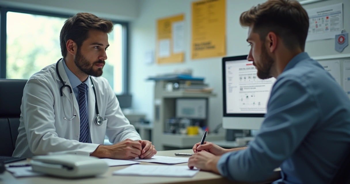 Médico do trabalho avaliando funcionário para retorno ao trabalho 