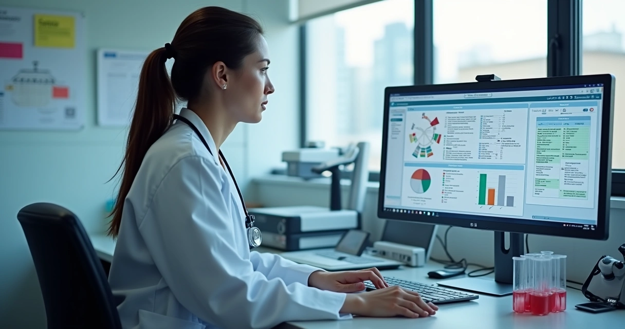 Profissional de saúde analisando exame ocupacional no laboratório 