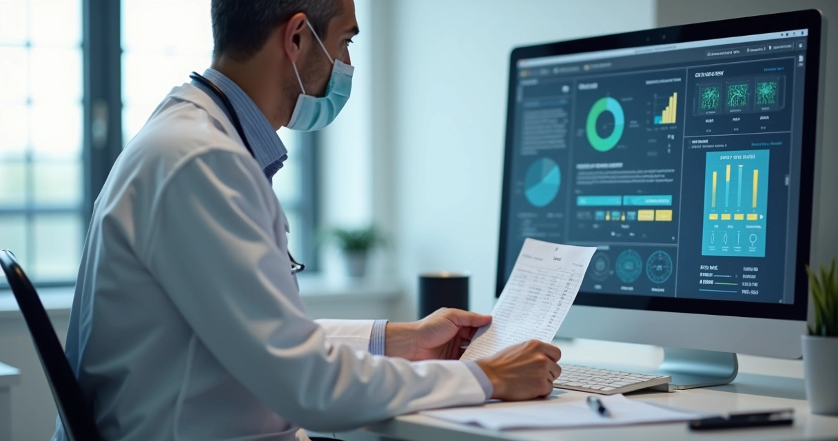 Médico analisando resultados de exame de colesterol em consultório moderno 