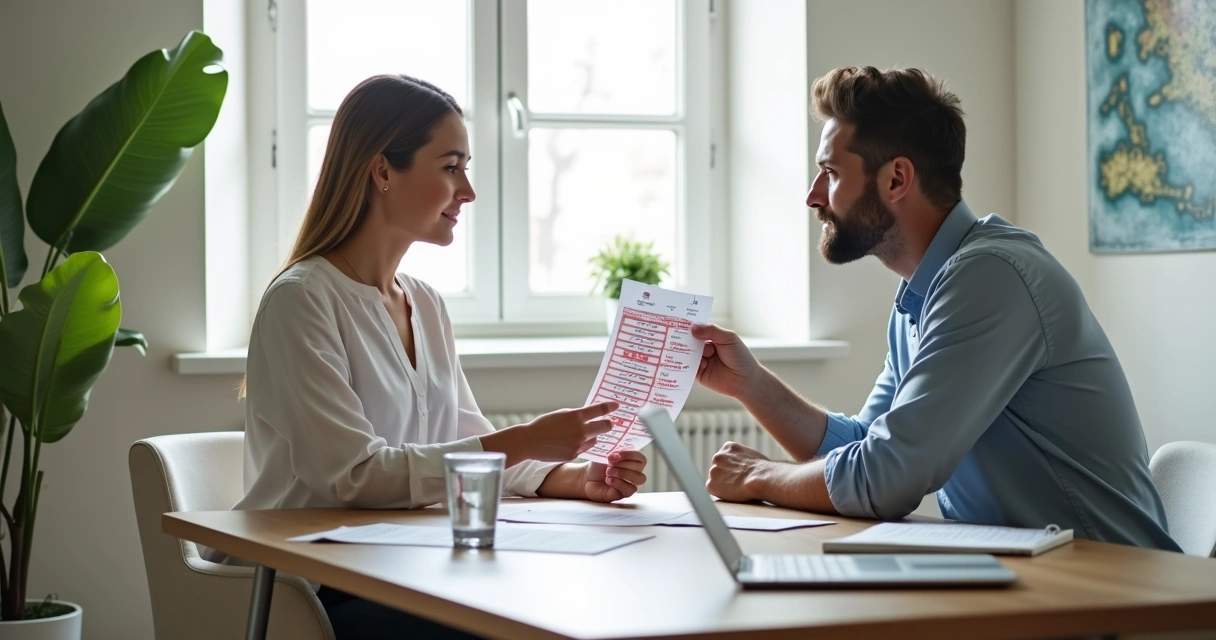 Paciente sentado em mesa de consulta, nutricionista mostrando resultados de exame de sangue 