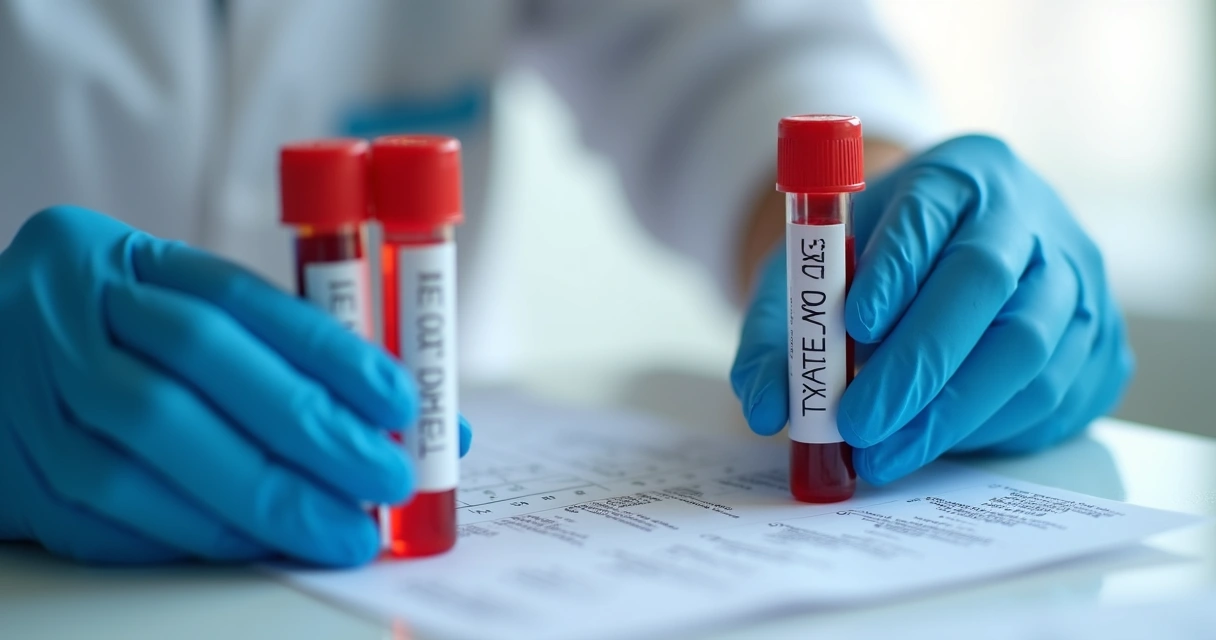 Mãos médicas segurando tubos de ensaio de sangue acompanhando exames hepáticos