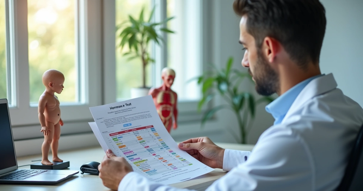 Médico olhando exame de sangue masculino em consultório