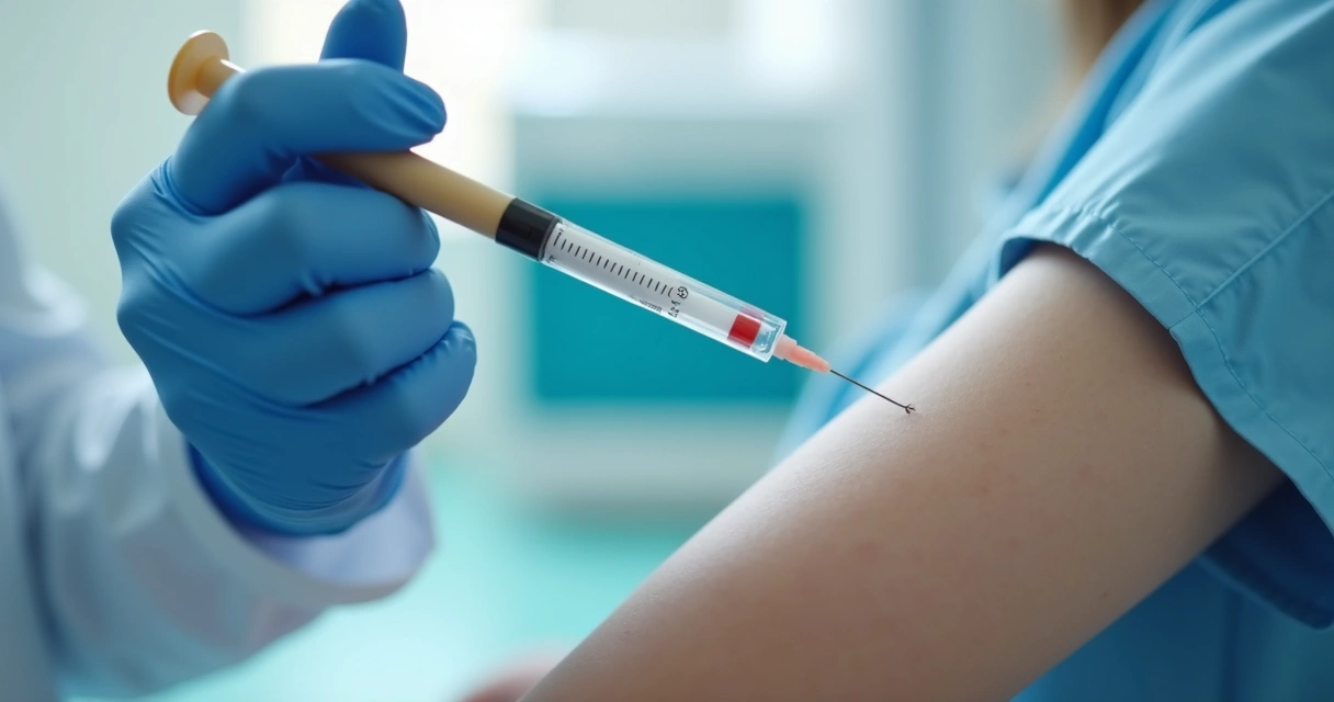 Amostra de sangue sendo coletada por profissional em laboratório, destaque para a seringa e tubo de teste 