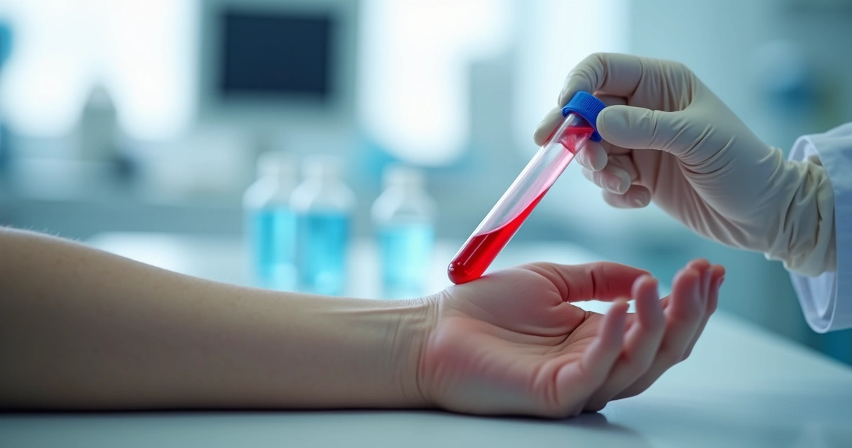 Pessoa realizando exame de sangue em laboratório com foco no tubo de coleta