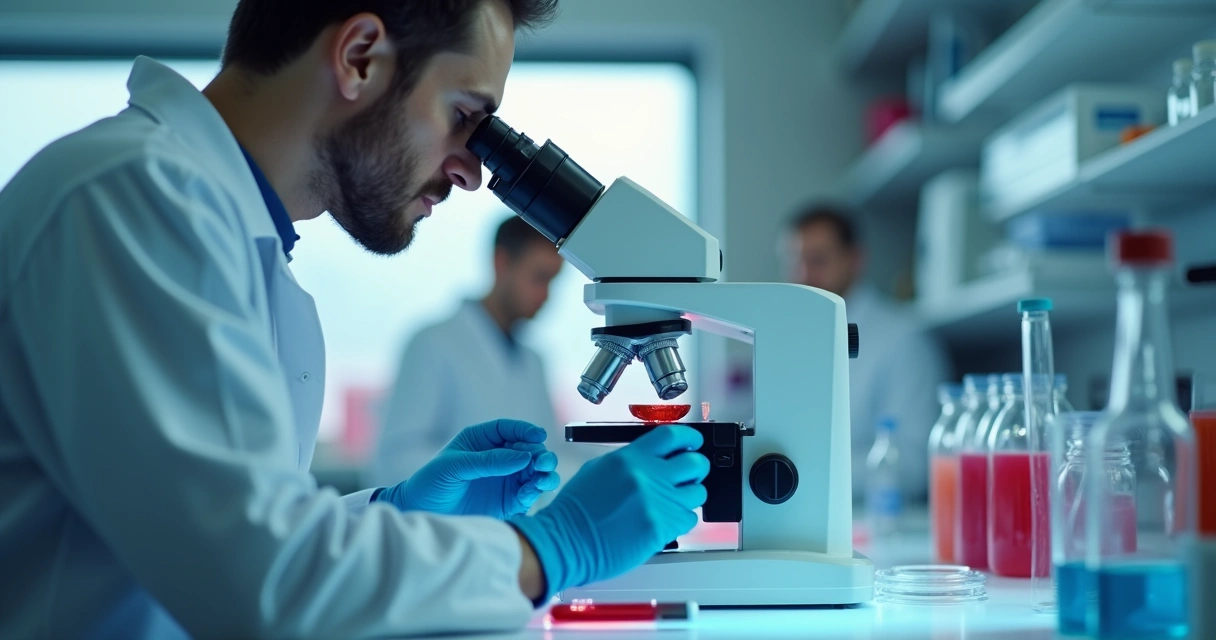 Análise de amostra de sangue em microscópio, visualizando plaquetas 