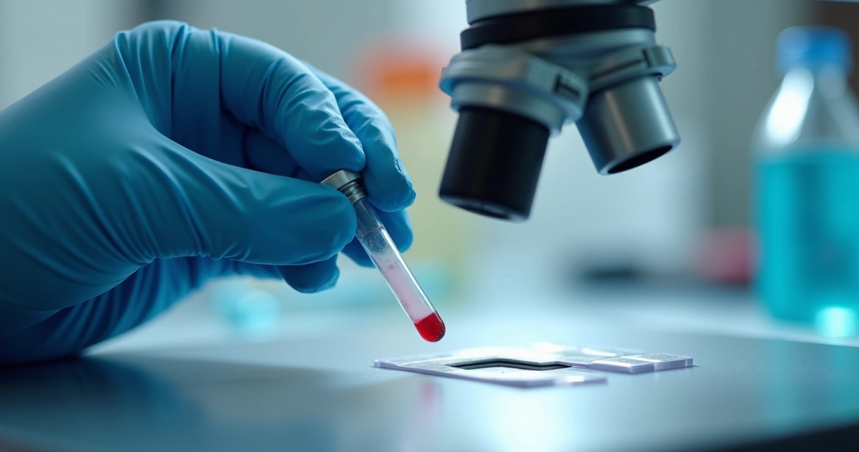 Amostra de sangue sendo analisada sob microscópio em laboratório 