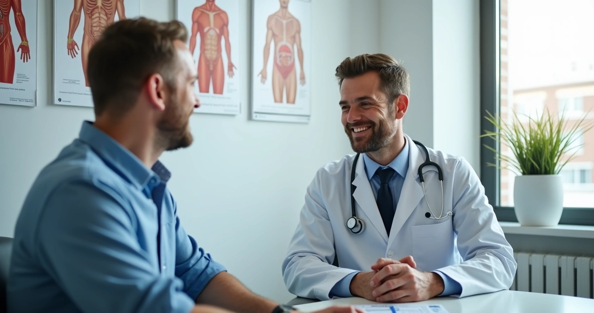 Homem e médico urologista durante consulta de orientação 