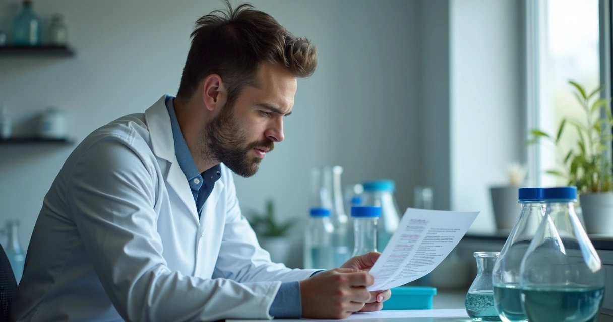 Homem analisando resultado de exame de sêmen em laboratório 