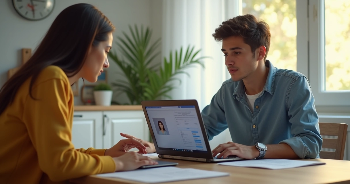 Candidatos realizando prova teórica online em casa, usando notebook, ambiente de estudo calmo