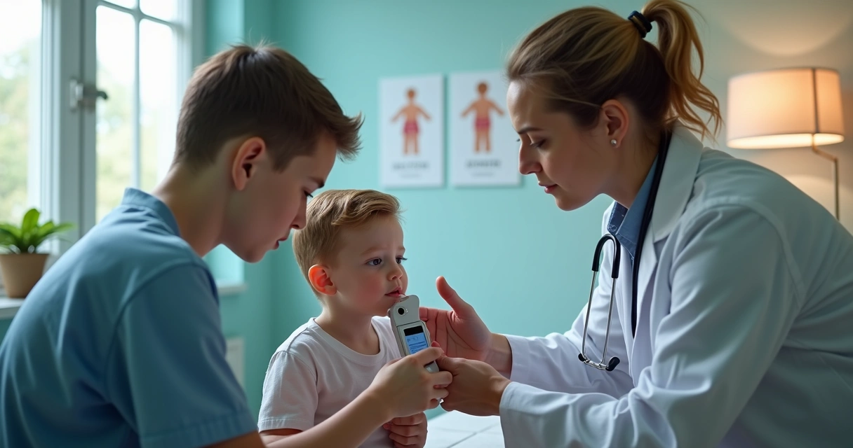 Médico realizando avaliação testicular com orquidômetro em consulta pediátrica 