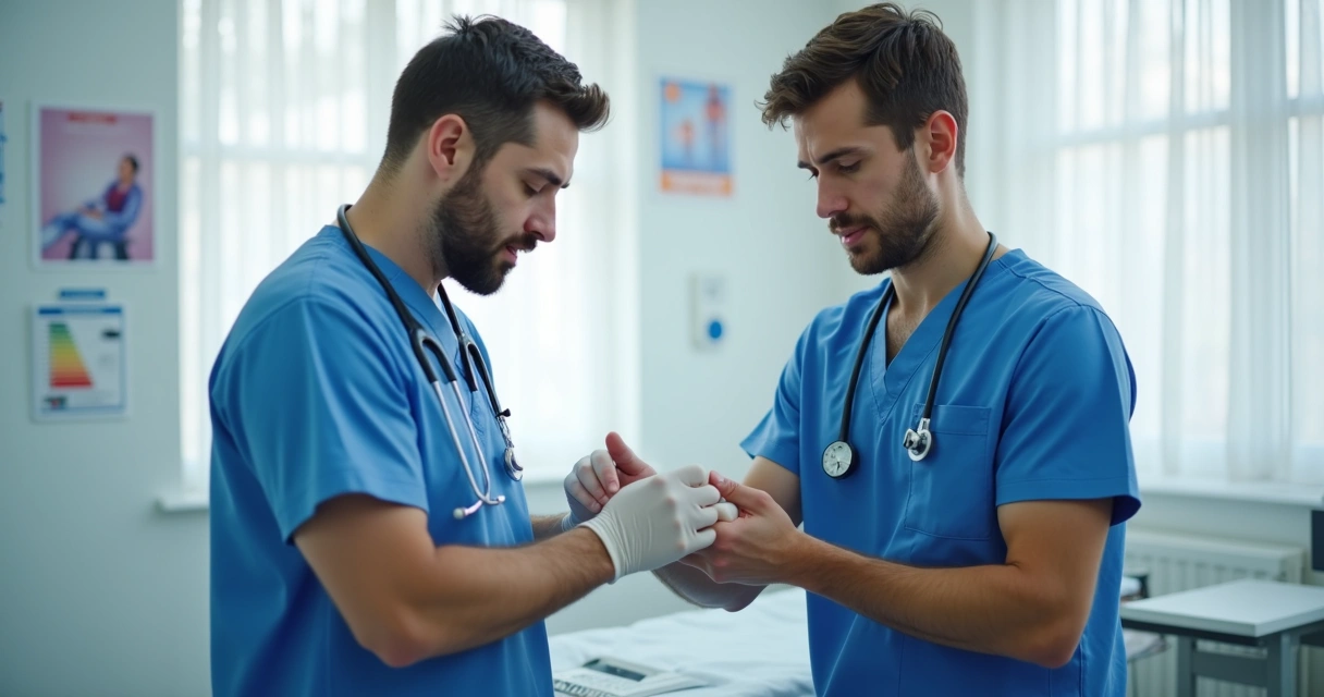 Médico realizando exame clínico de testículo em consultório 