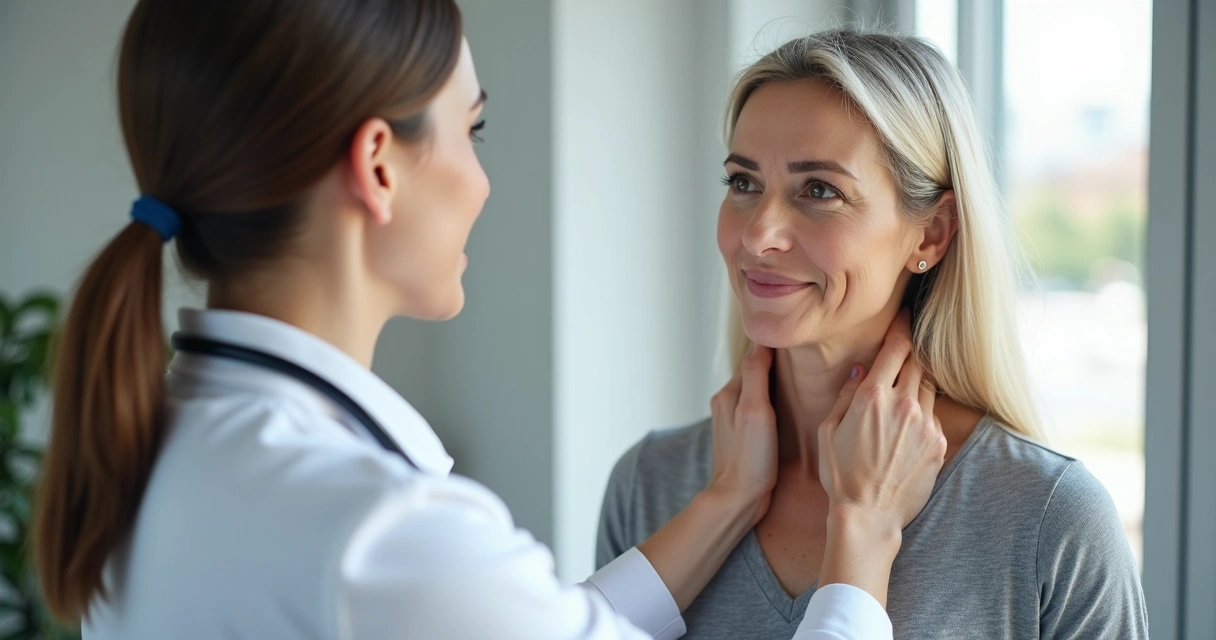 Médica examinando o pescoço de uma mulher madura durante consulta 