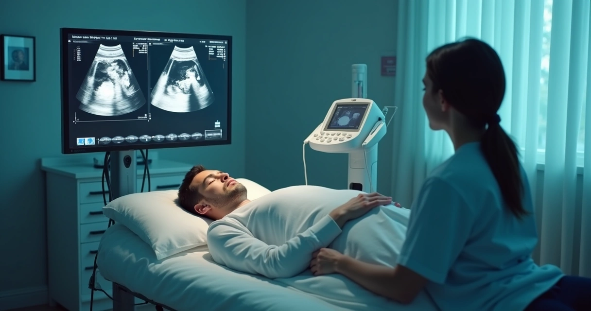 Paciente realizando ultrassom detalhado em clínica moderna 