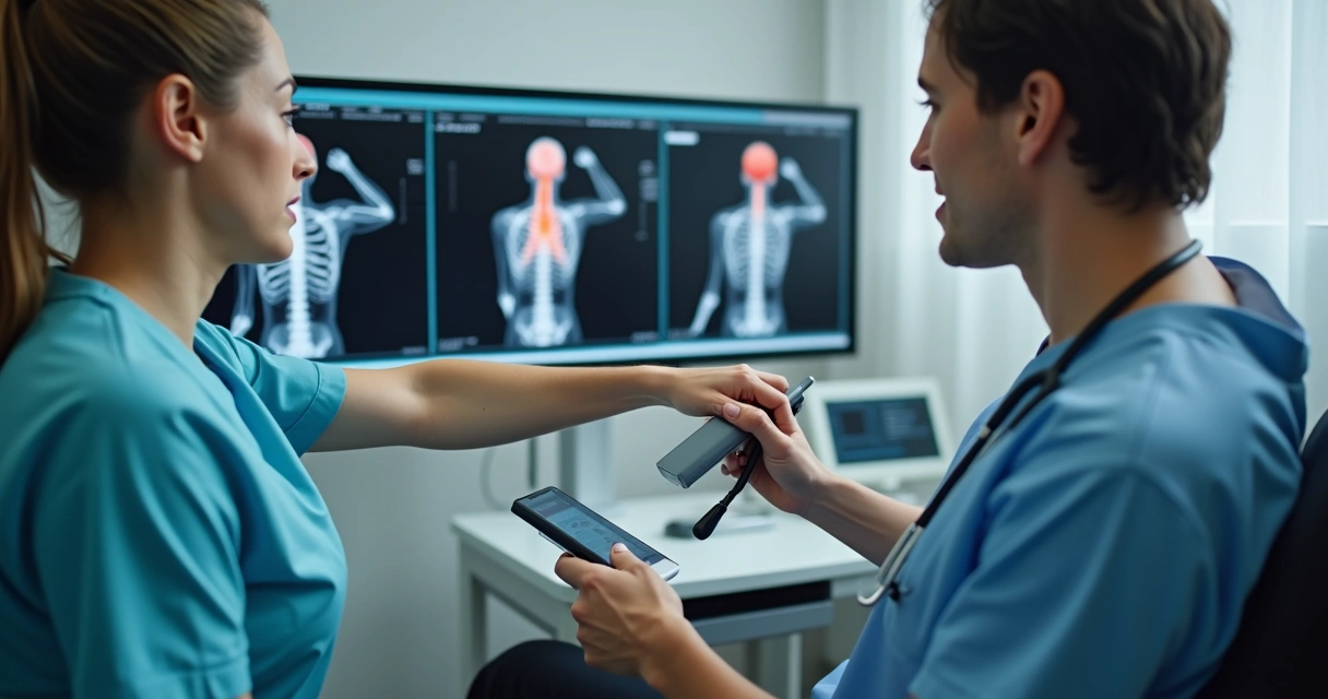 Paciente recebendo exame de ultrassom no braço por ortopedista. 