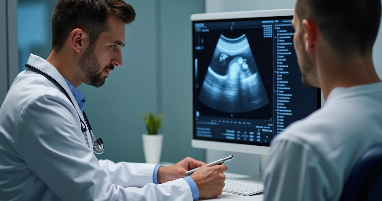 Médico realizando ultrassom no pênis de paciente. 