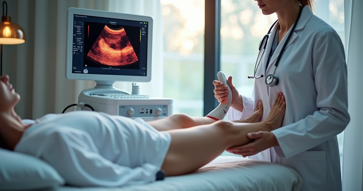 Médico realizando ultrassom nas pernas de uma paciente 