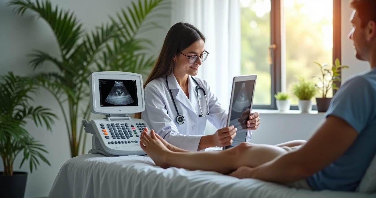 Médico realizando ultrassom vascular em uma paciente para diagnóstico de varizes e trombose