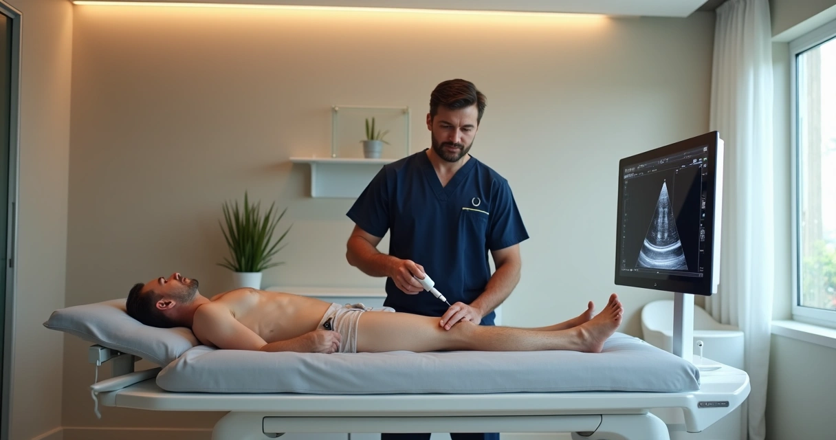 Exame de ultrassom venoso sendo feito em perna de paciente em clínica moderna 