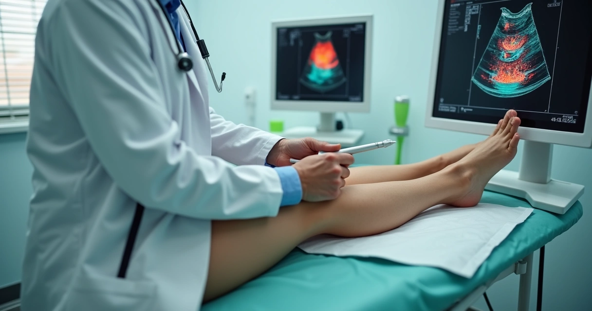 Médico realizando exame Doppler em perna de paciente 