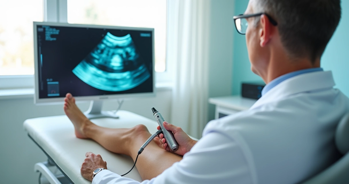 Médico vascular avaliando perna com vasinhos usando ultrassom em consultório moderno 