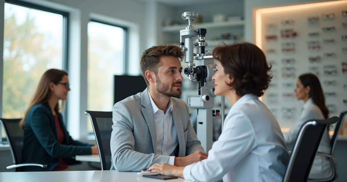 Pessoa realizando exame de vista com optometrista em ambiente claro e moderno de ótica 