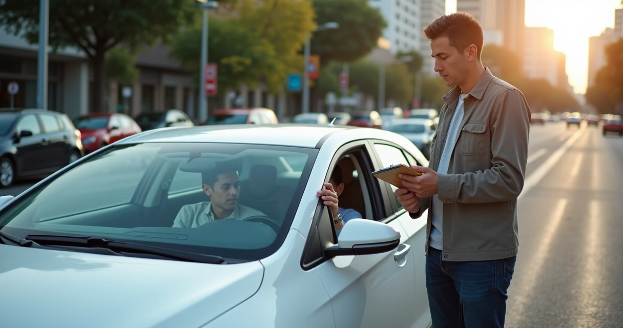 Persona realizando examen práctico de manejo en auto blanco 