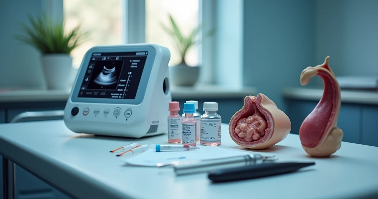Instrumentos usados em exames de andrologia sobre mesa branca 