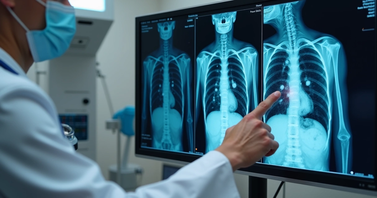 Imagem de exame de tomografia do tórax em tela de computador 