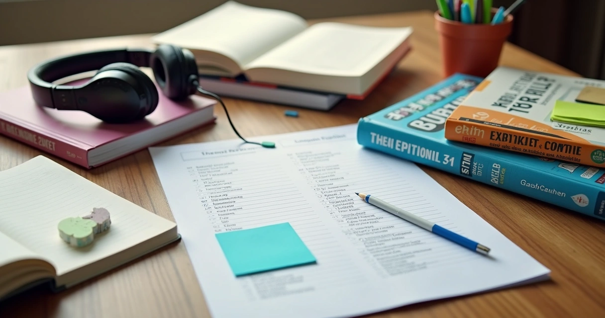 Livros e materiais de estudos para diferentes exames de idiomas em uma mesa