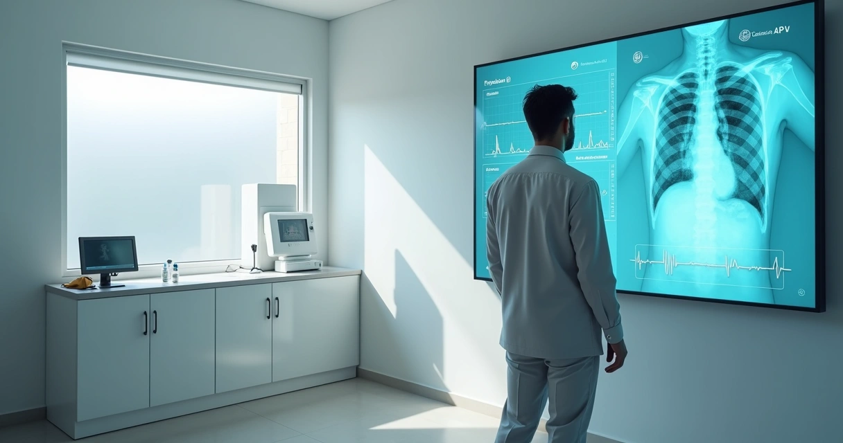 Trabalhador diante de painel com exames complementares como raio-x e laboratório 