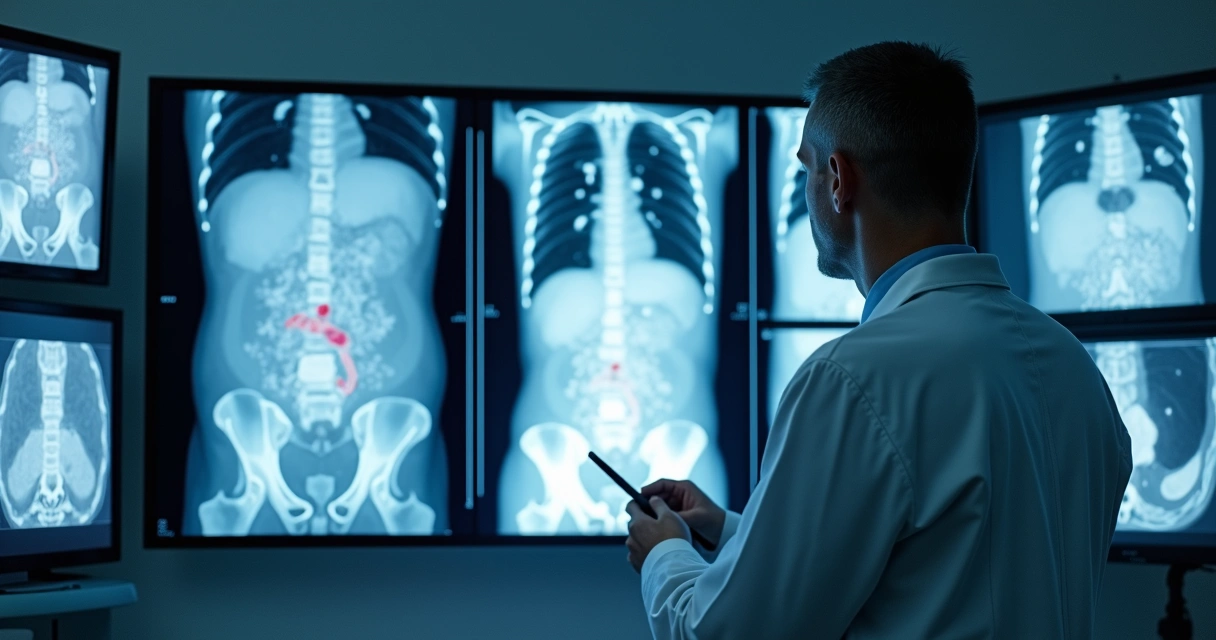 Radiologista analisa imagem de tomografia com destaque para pâncreas 