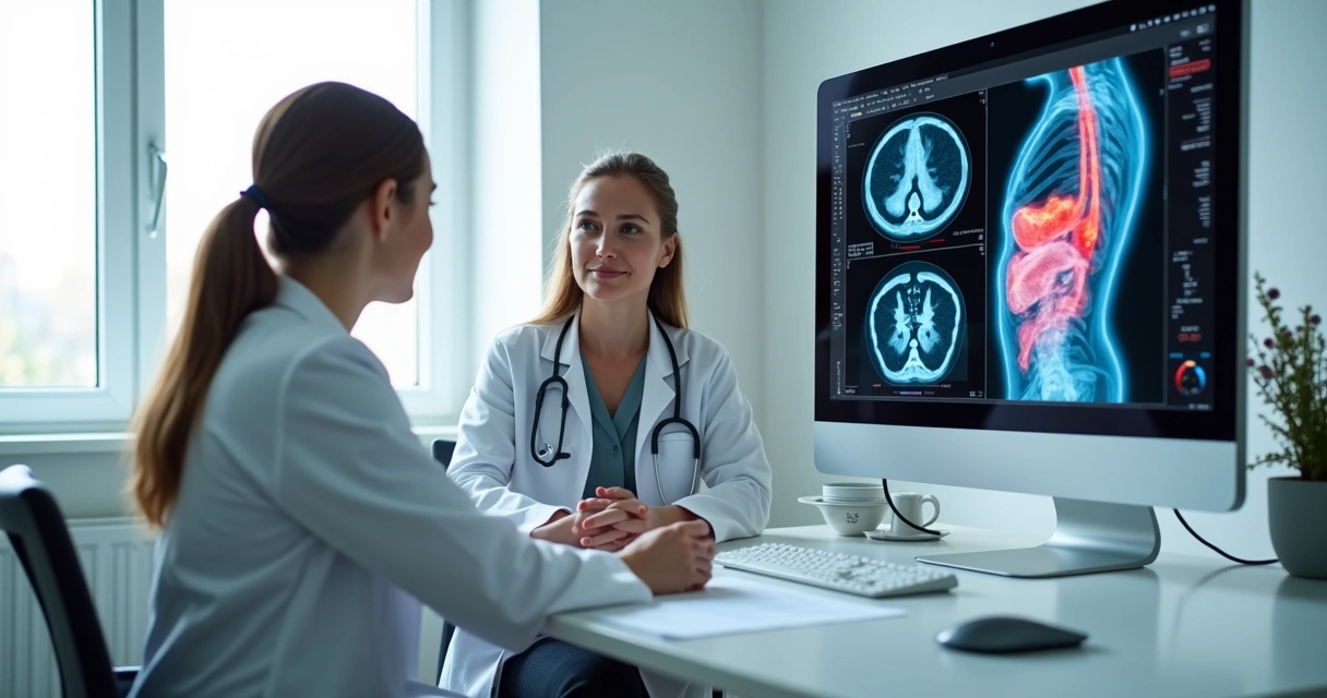 Médica mostra exames de imagem e sangue de investigação de câncer para paciente 