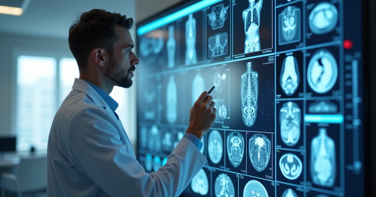 Médico analisando exames de diagnóstico do câncer em tela digital com gráficos médicos ao fundo 