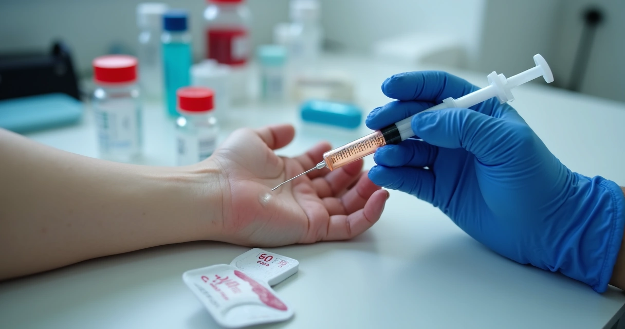 Exame de sangue sendo realizado em laboratório