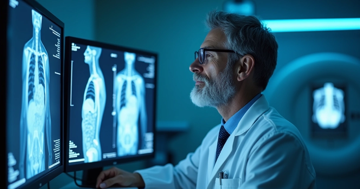 Profissional da saúde analisando imagens de ressonância de um paciente em ambiente hospitalar 