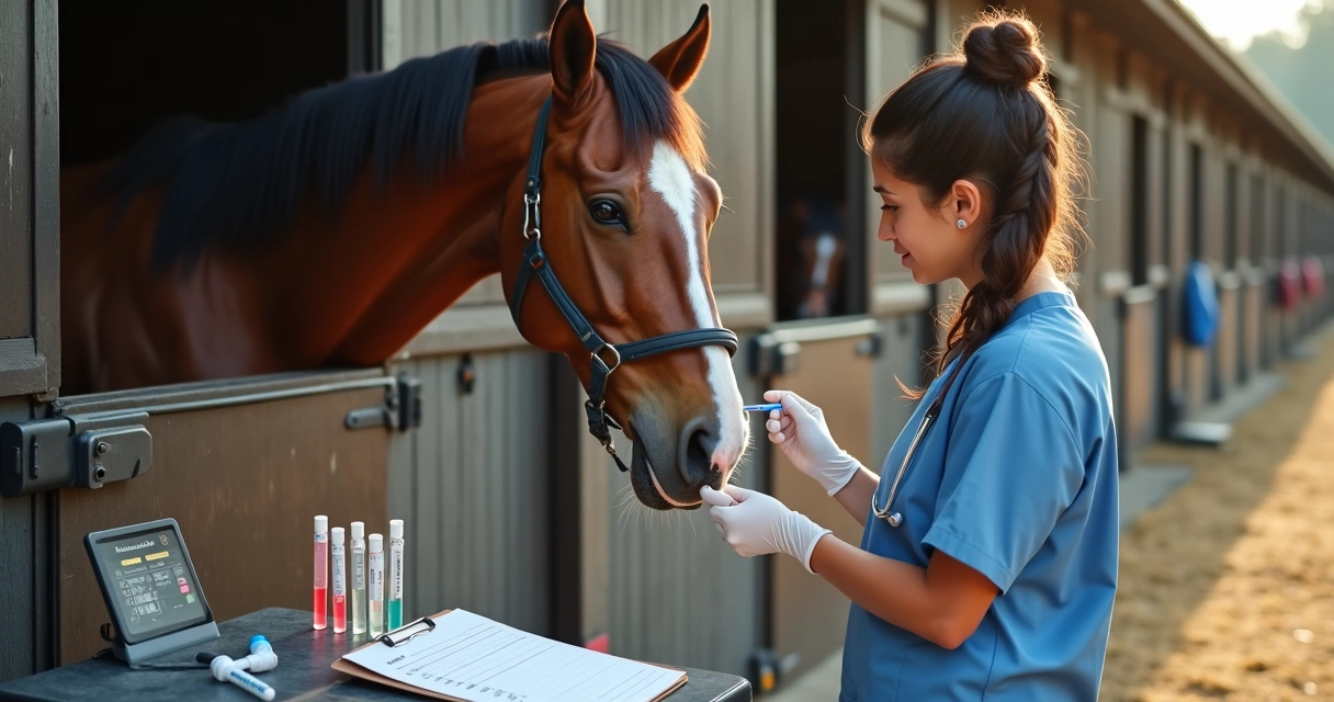 Veterinário colhendo sangue de cavalo em haras para exames laboratoriais 
