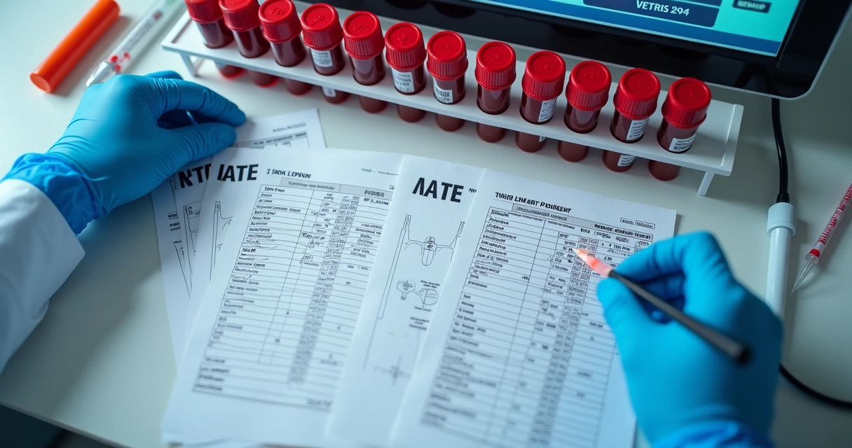 Frascos de sangue e tubos de ensaio coloridos em laboratório 