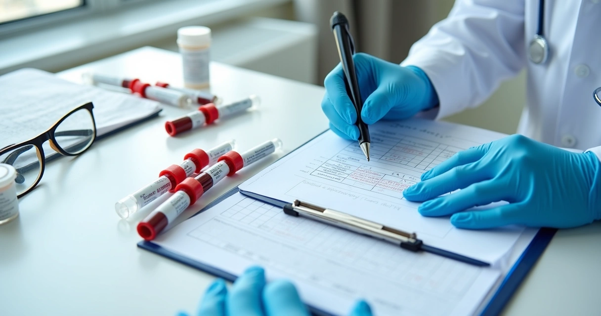 Tubos de sangue e formulário de exames laboratoriais masculinos 