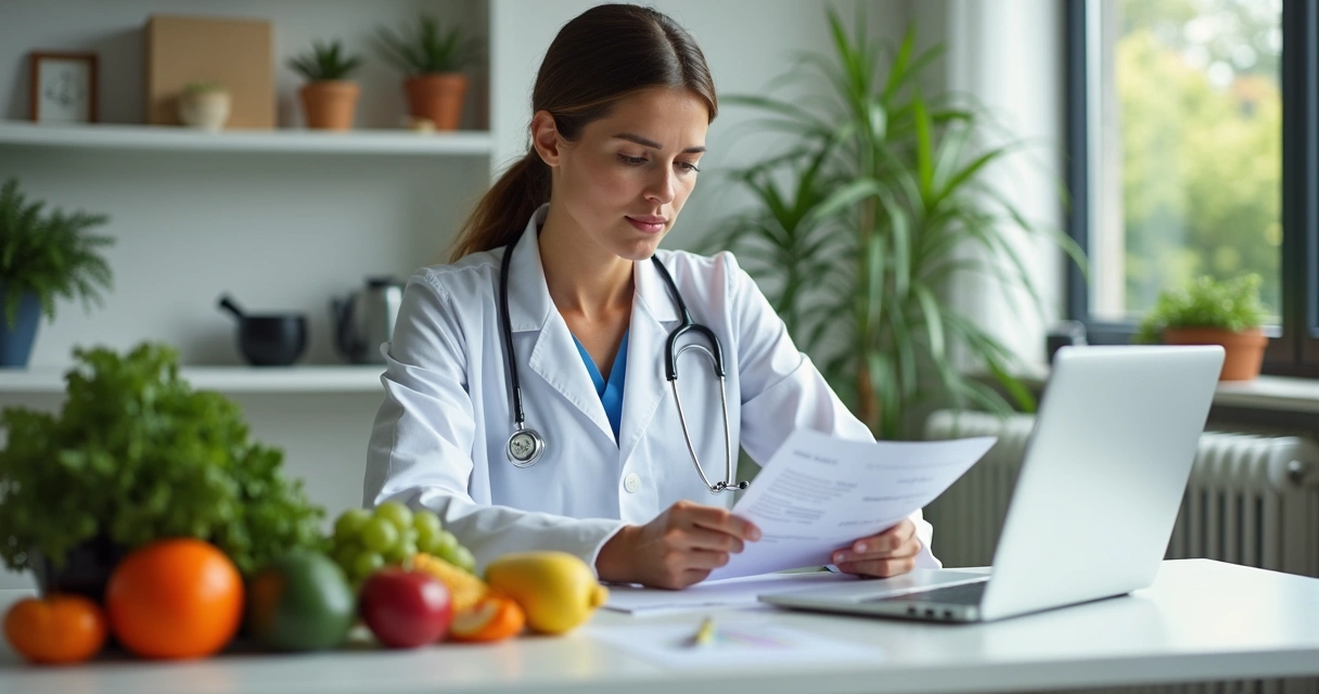 Nutricionista analisando exames laboratoriais em mesa com alimentos saudáveis e computador 