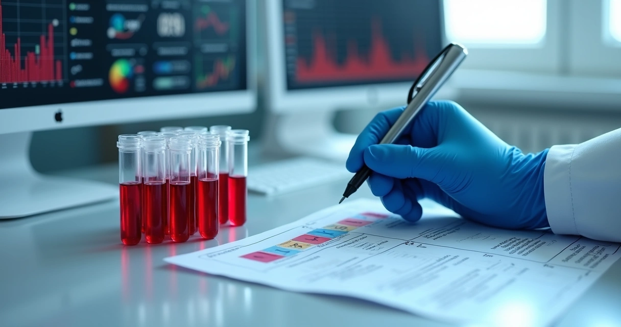 Mesa de laboratório com tubos de ensaio, laudos e amostras de sangue 